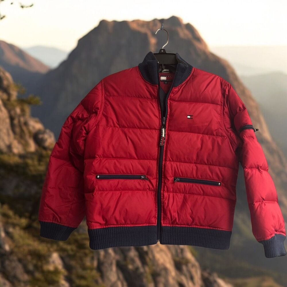 Vtg Tommy Hilfiger Kids Red Blue Goose Down Puffer Coat Winter Jacket Boys Sz M